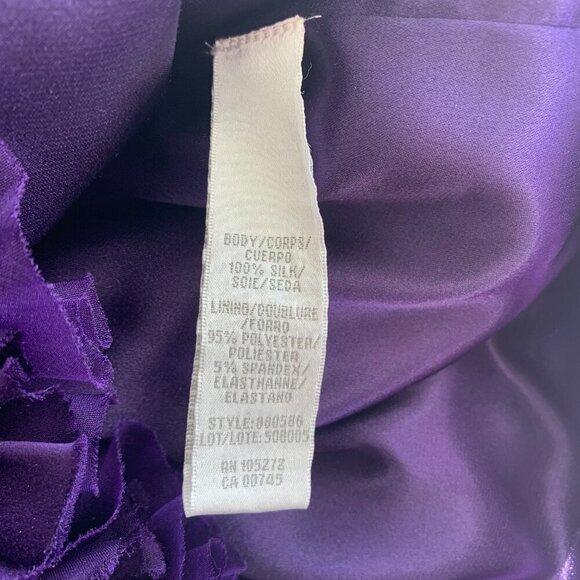 Theia One Shoulder Purple 100% Silk Ruched Rosette 3D Appliqué Cocktail Dress - Picture 10 of 16